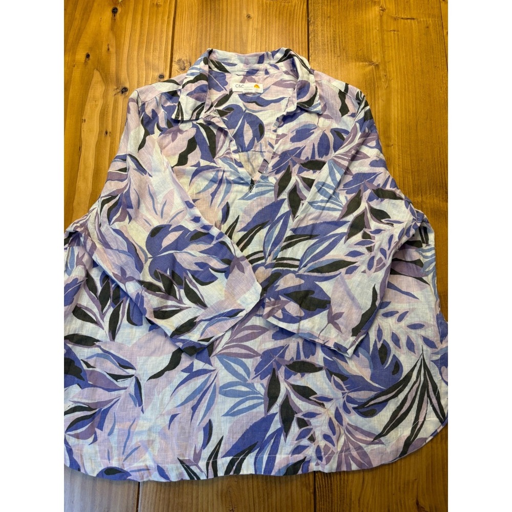 C&C California Women Purple Tropical Leaf Print 100% Linen Tunic Top 3/4 Sleeve - Picture 7 of 11